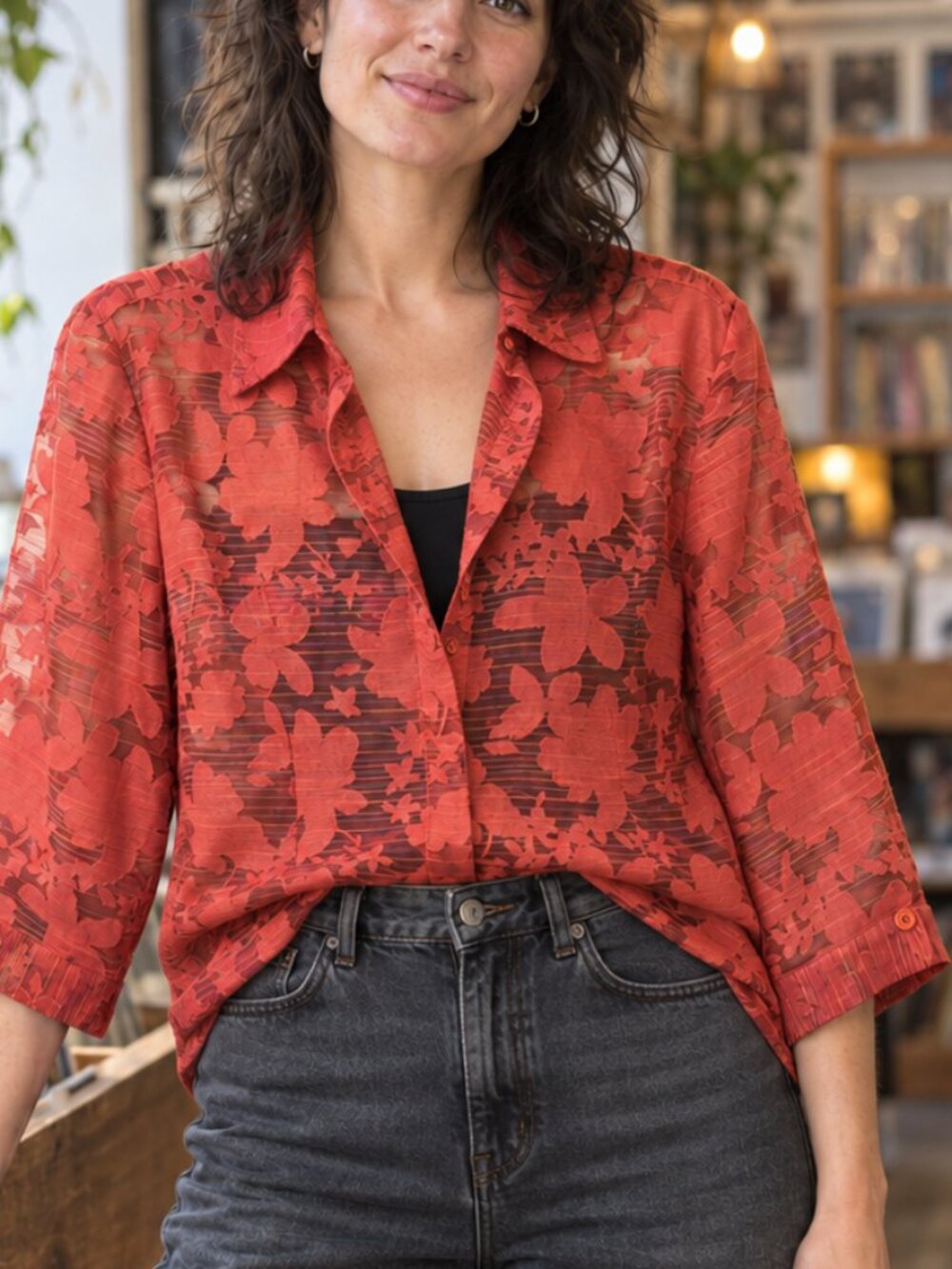 Tomato Red Norton McNaughton Sheer Floral Metallic Blouse Sz 12 Whimsical Retro